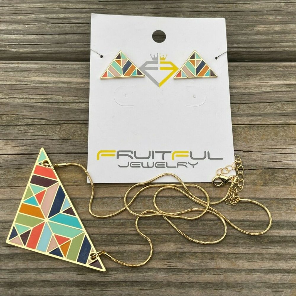 Fruitful Necklaces Gold Tone Geometric Triangle Earring enamel paint Jewelry Set - Picture 4 of 12